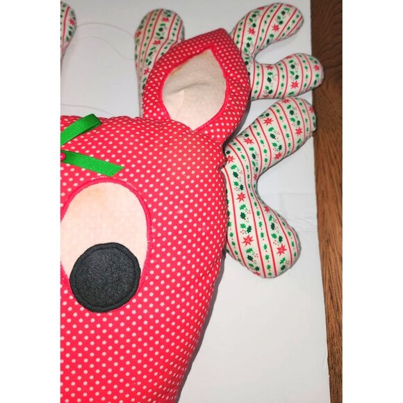 Large Handmade Red & White Polka Dot Reindeer Pillow Christmas Decor Mid Century - Picture 7 of 15